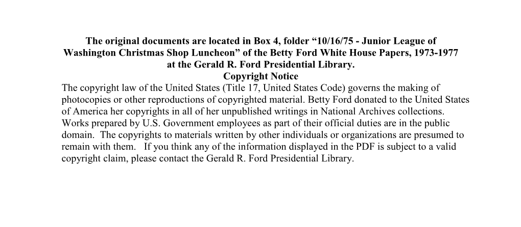 Junior League of Washington Christmas Shop Luncheon” of the Betty Ford White House Papers, 1973-1977 at the Gerald R
