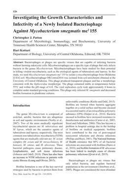 Investigating the Growth Characteristics and Infectivity of a Newly Isolated Bacteriophage Against Mycobacterium Smegmatis Mc2 155 Christopher J