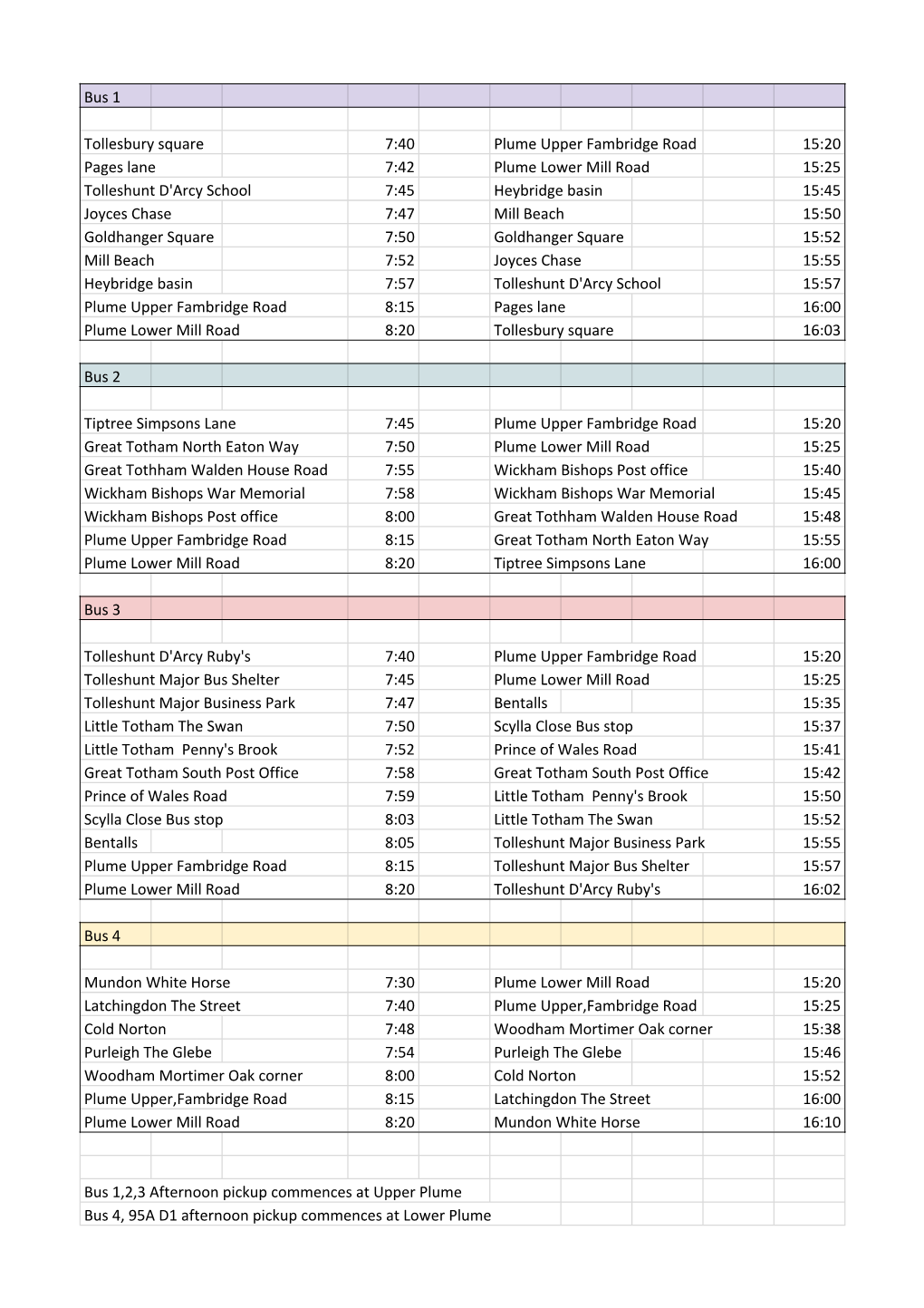 Bus 1 Tollesbury Square 7:40 Plume Upper Fambridge Road 15:20