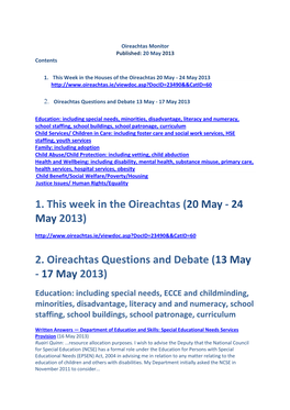 1. This Week in the Oireachtas (20 May - 24 May 2013)