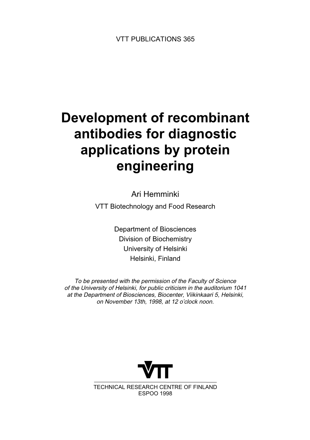 Development of Recombinant Antibodies for Diagnostic Applications by Protein Engineering