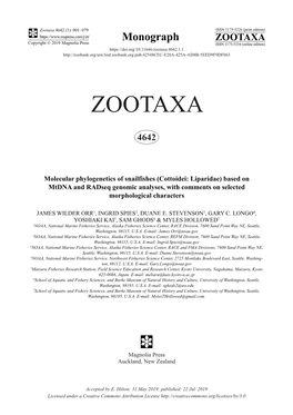 Molecular Phylogenetics of Snailfishes (Cottoidei: Liparidae) Based on Mtdna and Radseq Genomic Analyses, with Comments on Selected Morphological Characters