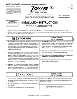 Installation Instructions, Model 519: 60 Hz FM3081 155408