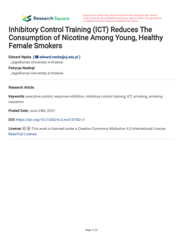 Inhibitory Control Training (ICT) Reduces the Consumption of Nicotine Among Young, Healthy Female Smokers