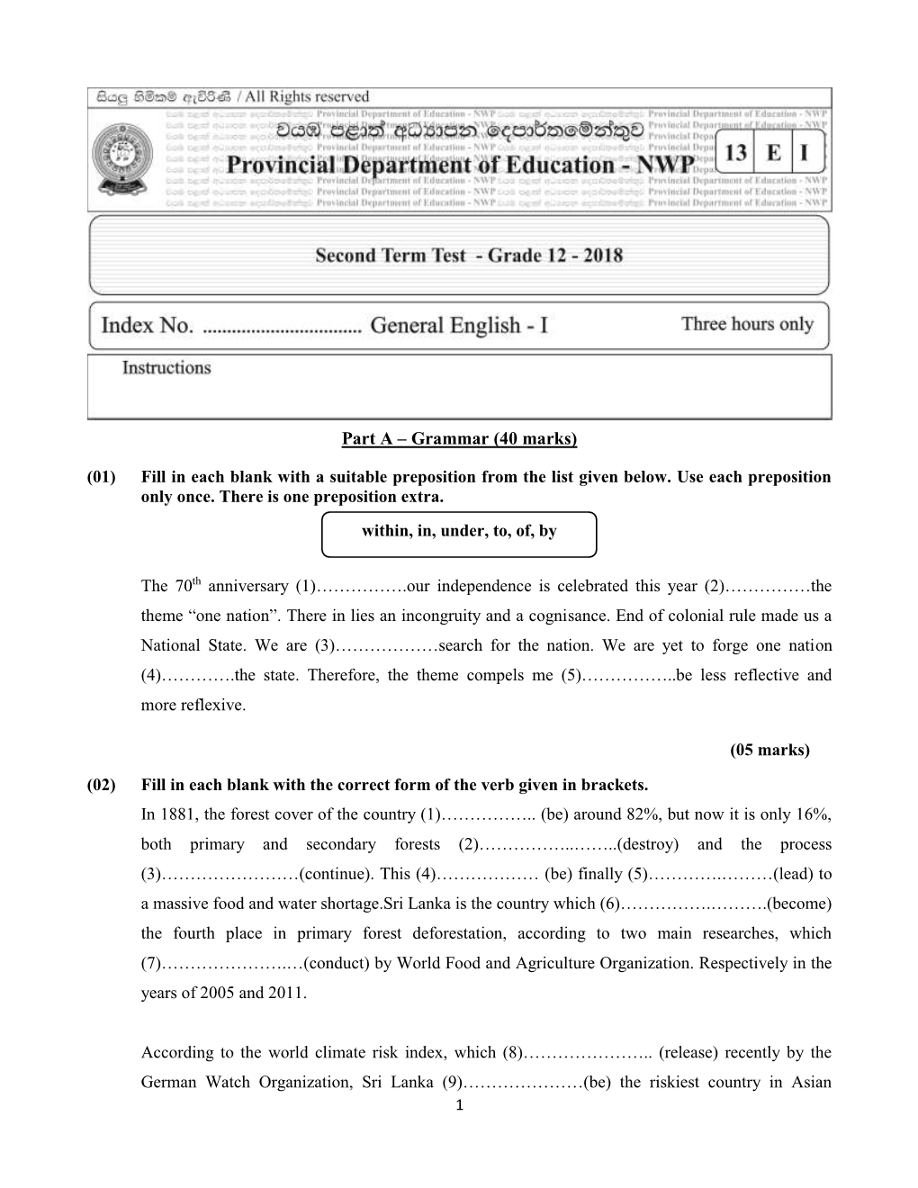 Part a – Grammar (40 Marks)