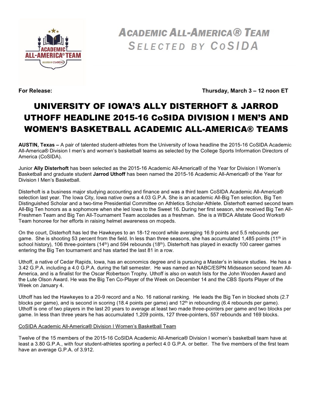 University of Iowa's Ally Disterhoft & Jarrod Uthoff