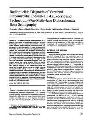 Radionucide Diagnosis of Vertebral Osteomyelitis: Indium-I 11-Leukocyte and Technetium-99M-Methylene Diphosphonate Bone Scintigraphy