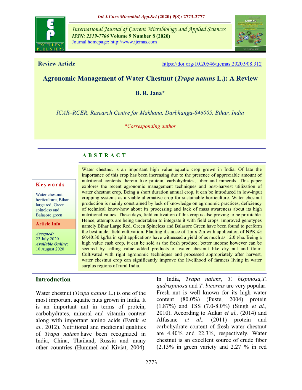 Agronomic Management of Water Chestnut (Trapa Natans L.): a Review