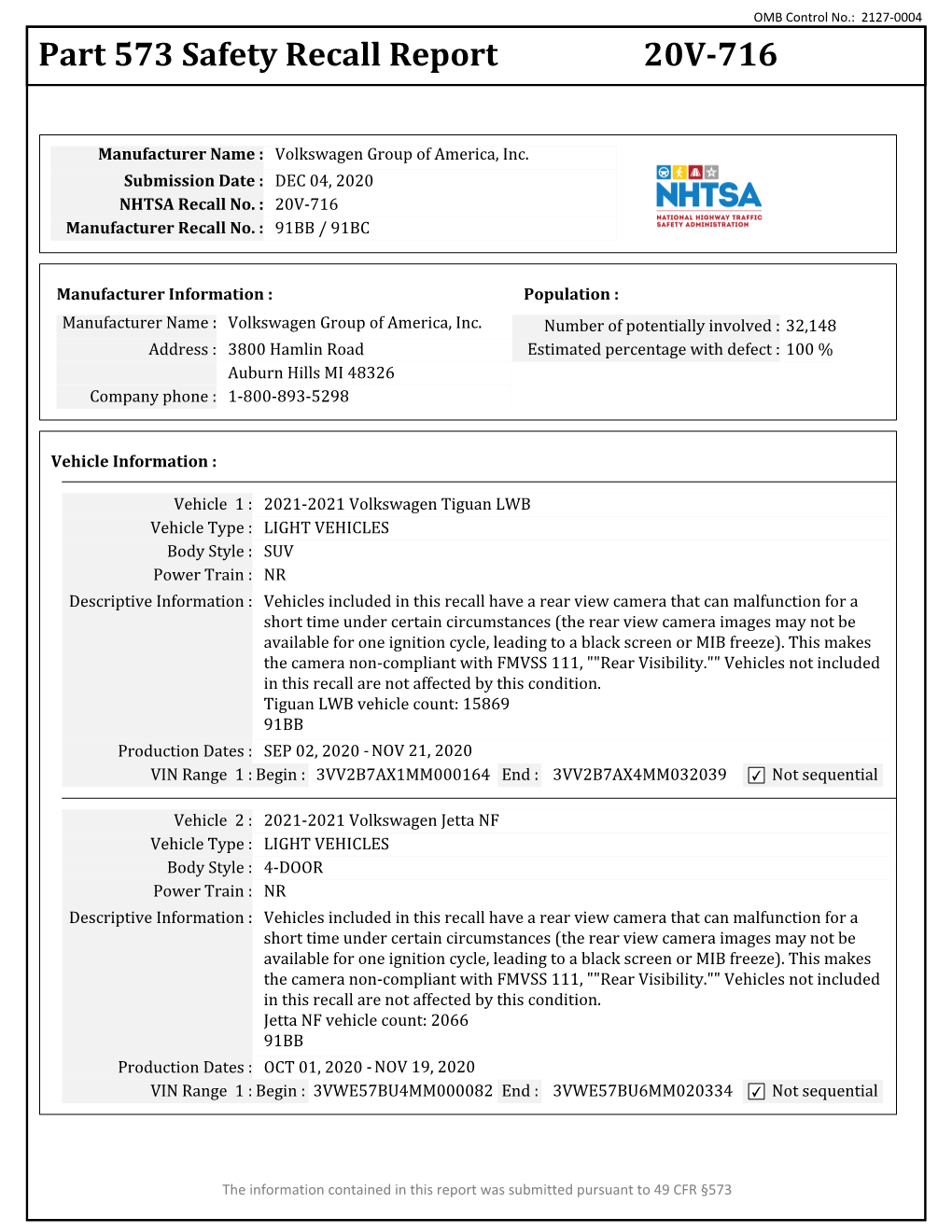 Part 573 Safety Recall Report 20V-716