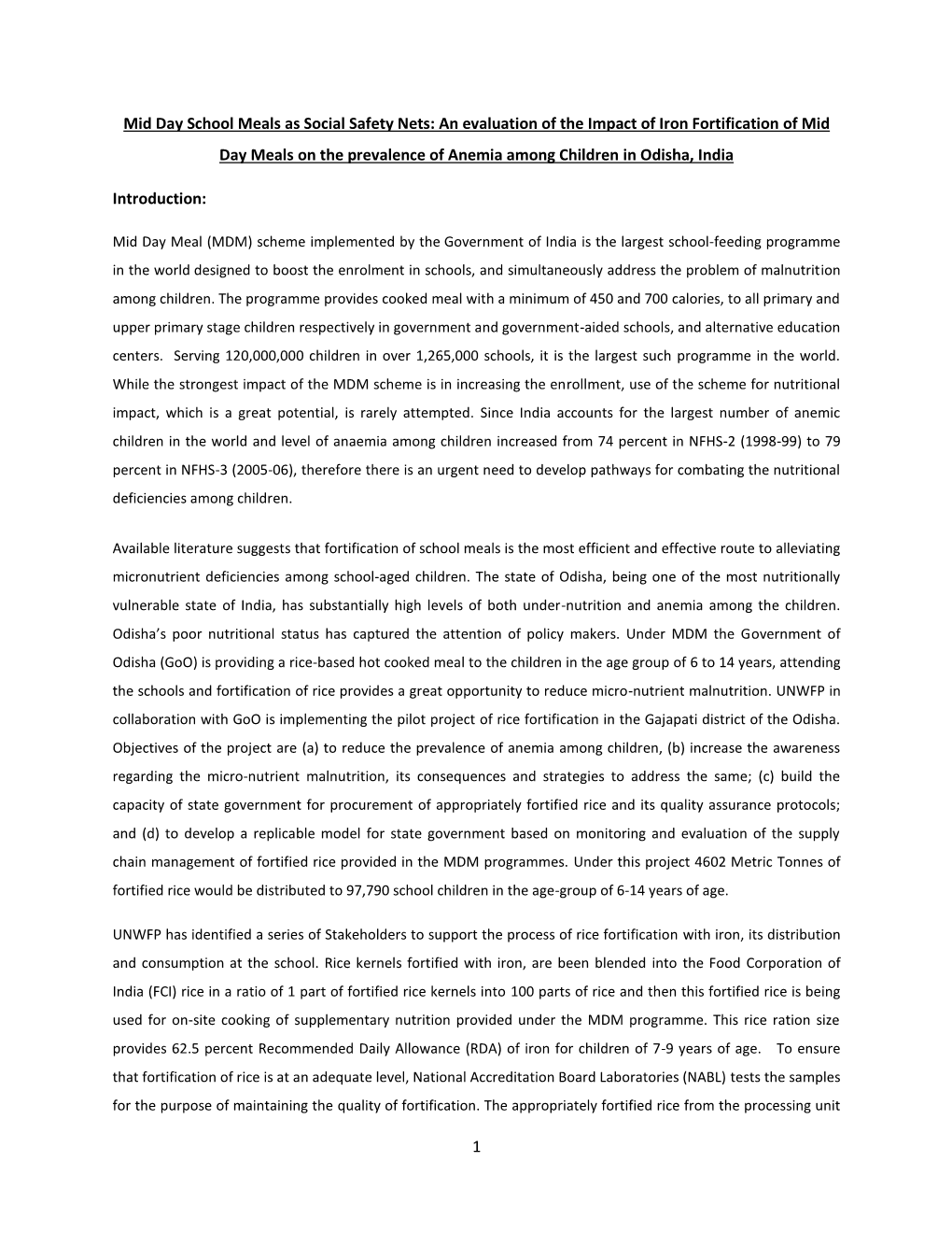 An Evaluation of the Impact of Iron Fortification of Mid Day Meals on the Prevalence of Anemia Among Children in Odisha, India