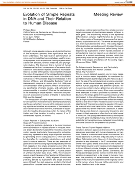 Evolution of Simple Repeats Meeting Review in DNA and Their Relation to Human Disease