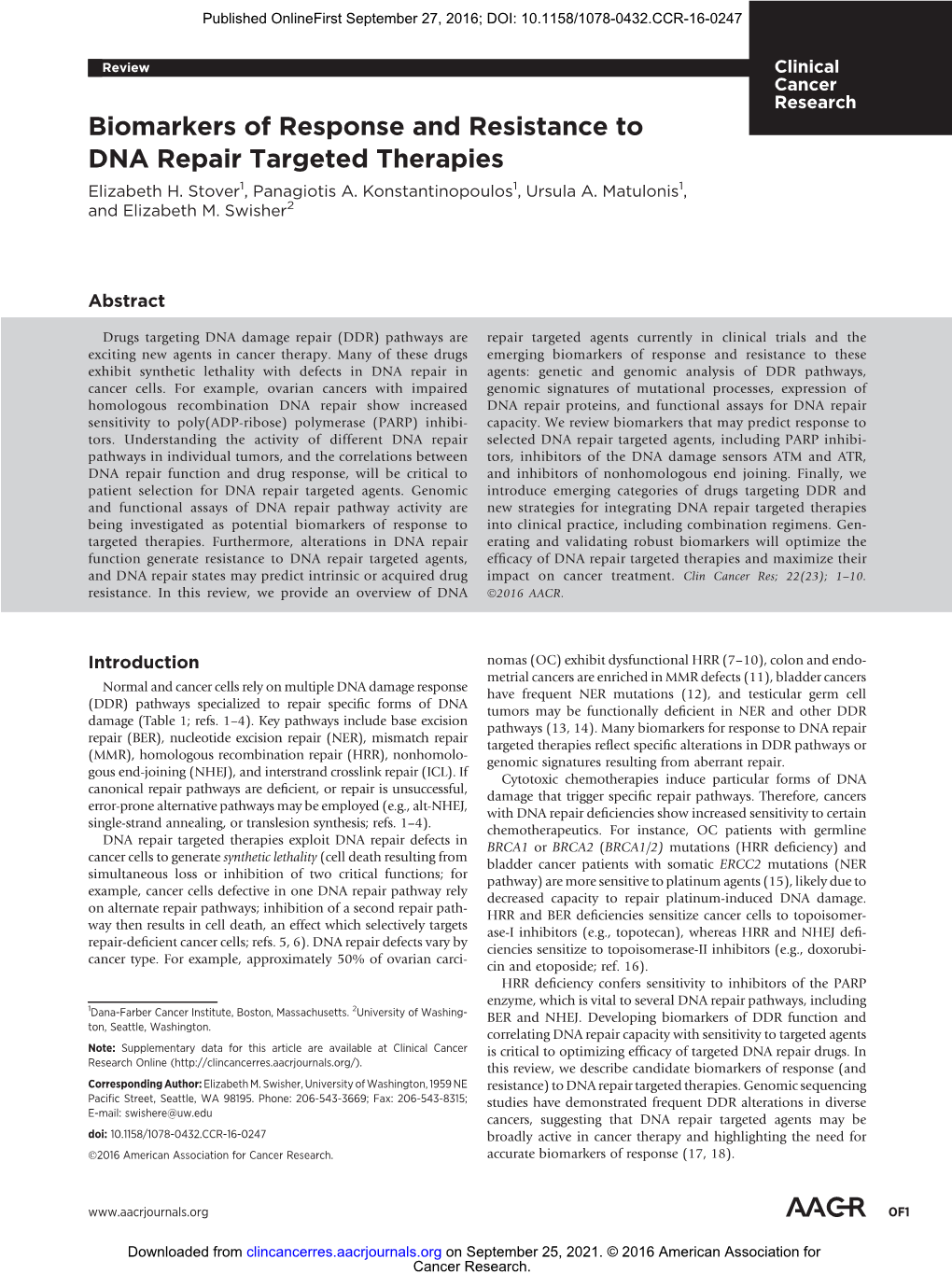 Biomarkers of Response and Resistance to DNA Repair Targeted Therapies Elizabeth H