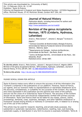 Journal of Natural History Revision of the Genus Acryptolaria Norman