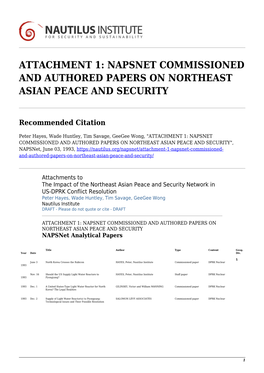 Attachment 1: Napsnet Commissioned and Authored Papers on Northeast Asian Peace and Security