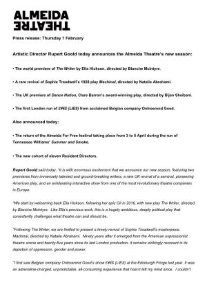 Artistic Director Rupert Goold Today Announces the Almeida Theatre’S New Season
