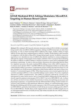 ADAR Mediated RNA Editing Modulates Microrna Targeting in Human Breast Cancer