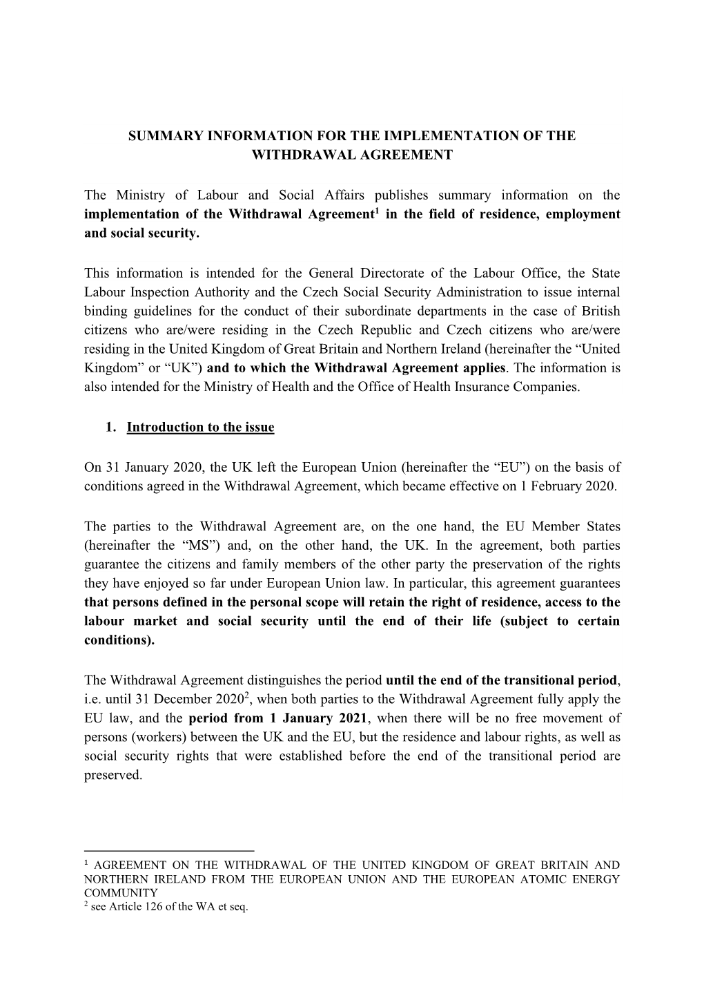 Summary Information for the Implementation of the Withdrawal Agreement