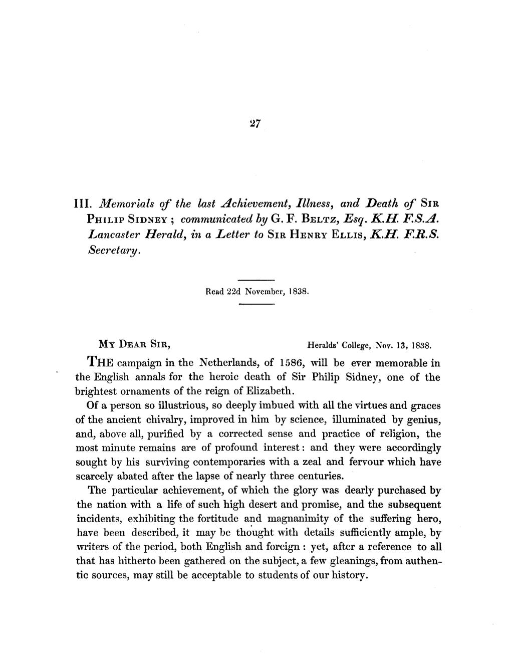 III. Memorials of the Last Achievement, Illness, and Death of SIR PHILIP SIDNEY ; Communicated by G