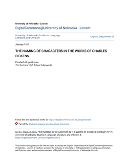 The Naming of Characters in the Works of Charles Dickens