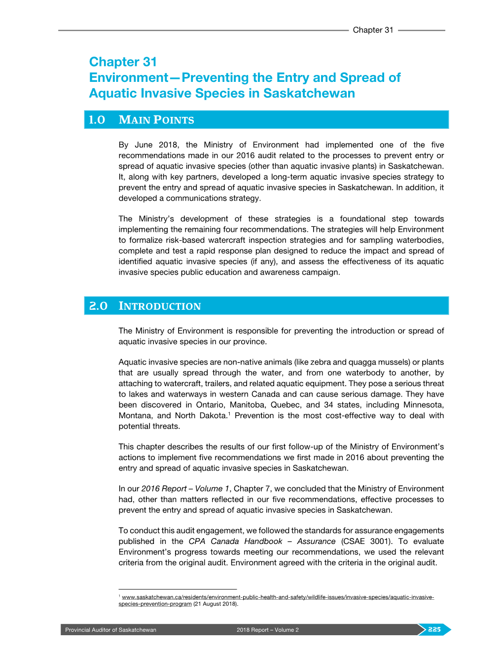 31 Environment—Preventing the Entry and Spread of Aquatic Invasive Species in Saskatchewan