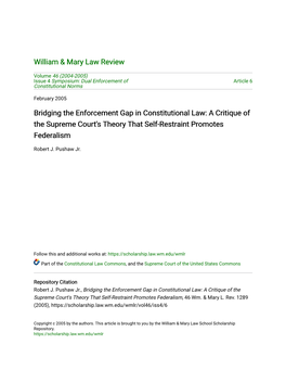 Bridging the Enforcement Gap in Constitutional Law: a Critique of the Supreme Court's Theory That Self-Restraint Promotes Federalism