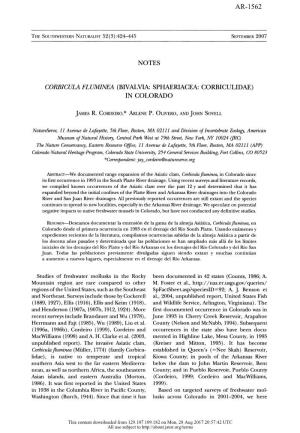 Corbicula Fluminea (Bivalvia: Sphaeriacea: Corbiculidae) in Colorado