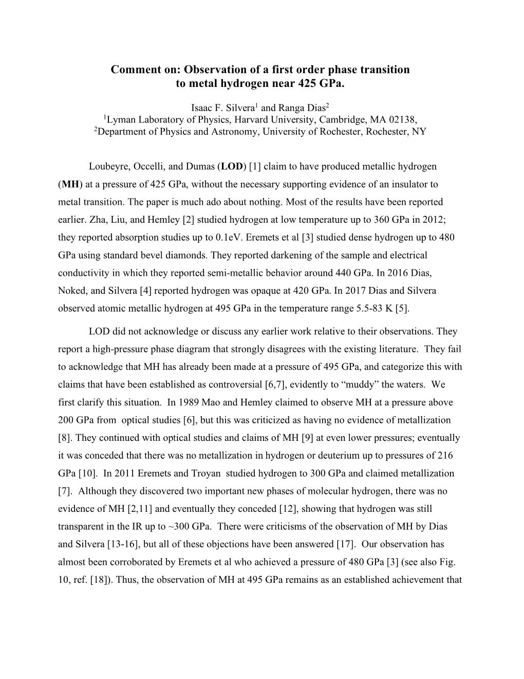 Observation of a First Order Phase Transition to Metal Hydrogen Near 425 Gpa