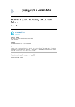 European Journal of American Studies , Reviews 2015-1 Alan Bilton, Silent Film Comedy and American Culture