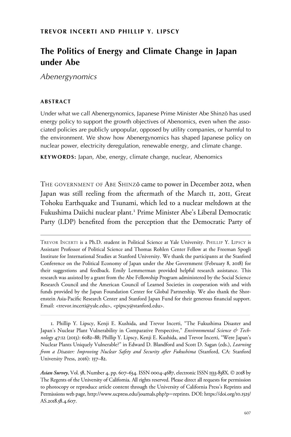 The Politics of Energy and Climate Change in Japan Under Abe Abenergynomics