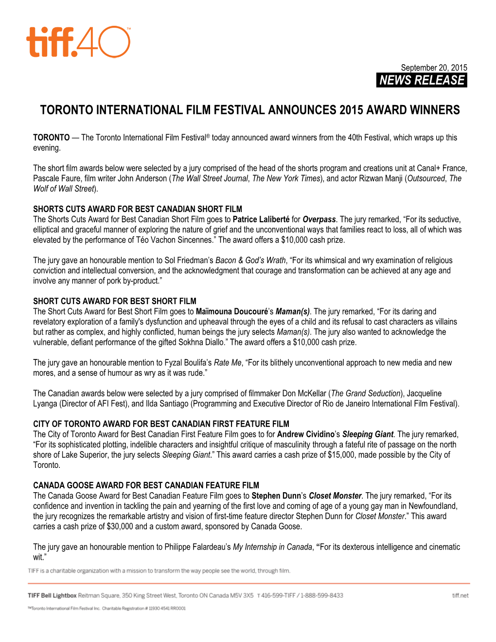 News Release. Toronto International