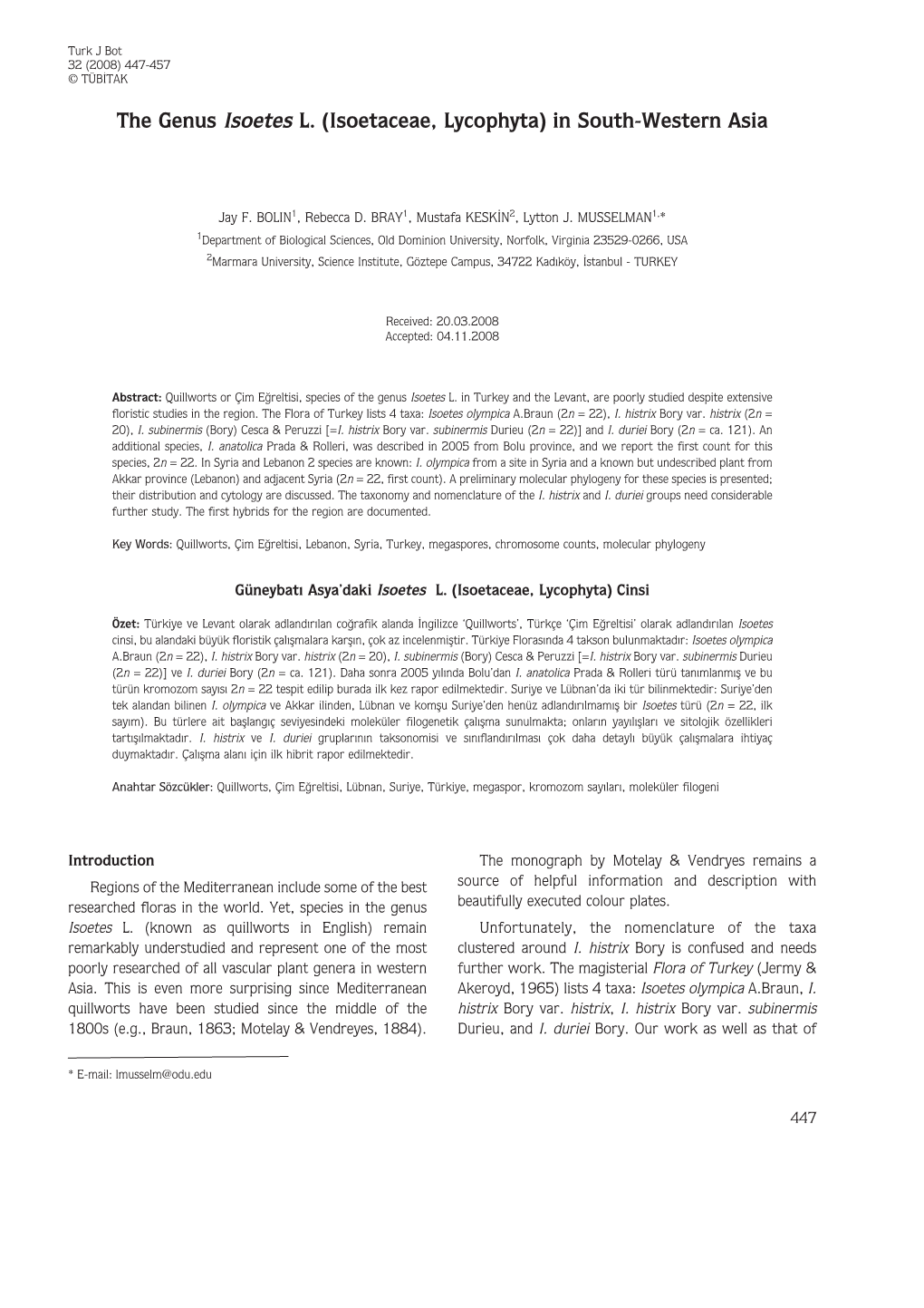 The Genus Isoetes L. (Isoetaceae, Lycophyta) in South-Western Asia