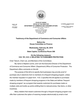 Testimony of the Department of Commerce and Consumer Affairs