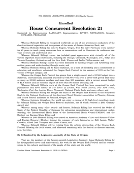 House Concurrent Resolution 21 Sponsored by Representative BARNHART; Representatives LIVELY, NATHANSON, Senators EDWARDS, PROZANSKI