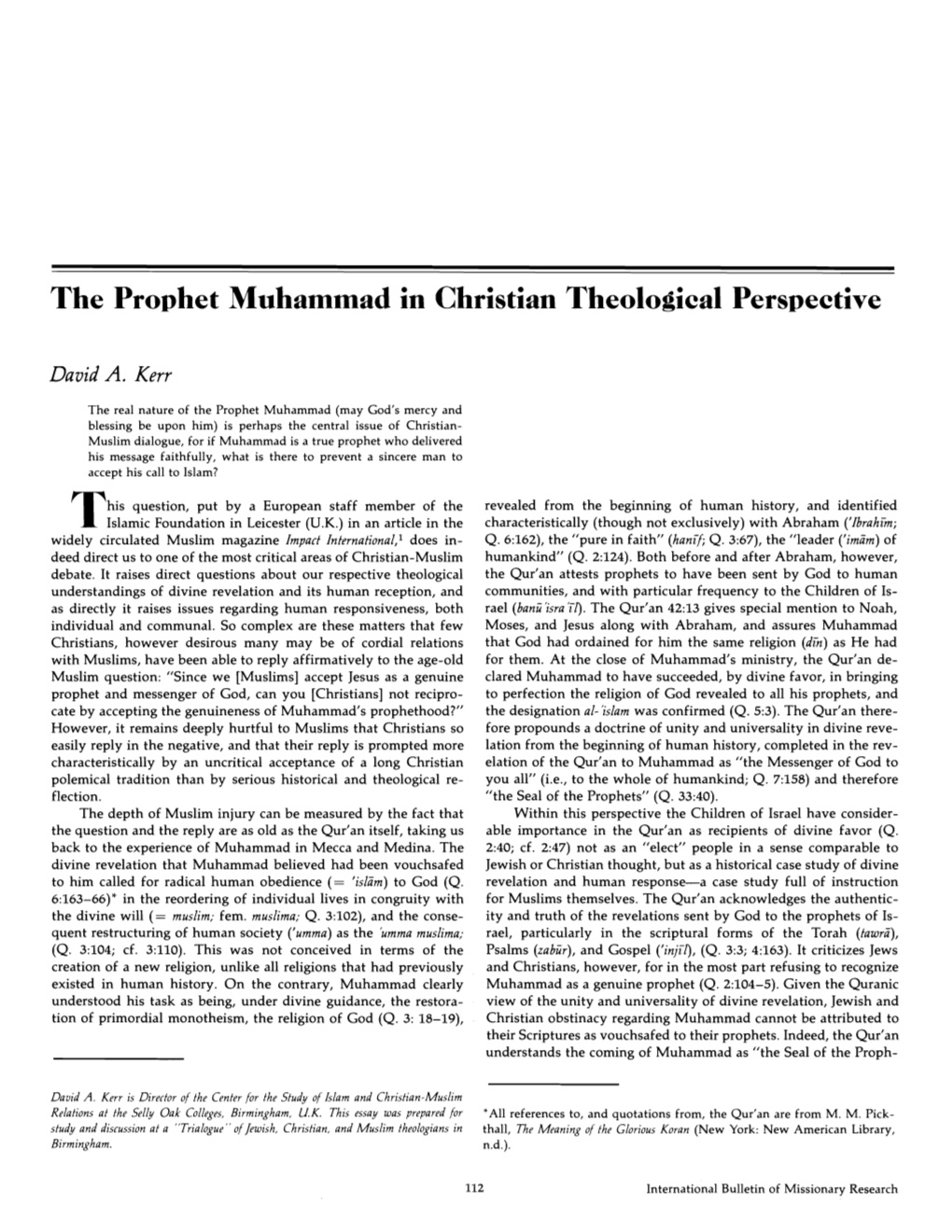 The Provhet Muhammad in Christian Theological Perspective
