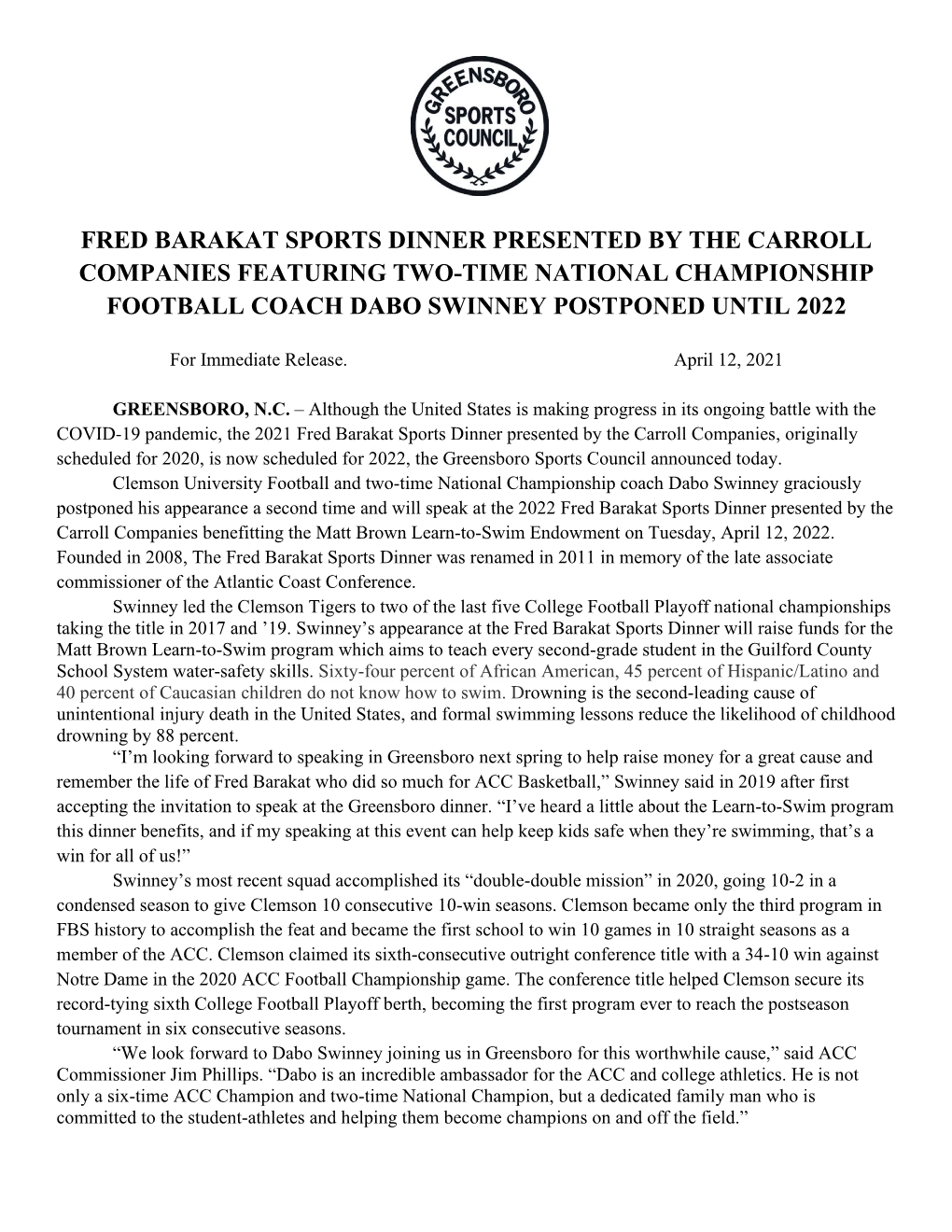 Fred Barakat Sports Dinner Presented by the Carroll Companies Featuring Two-Time National Championship Football Coach Dabo Swinney Postponed Until 2022