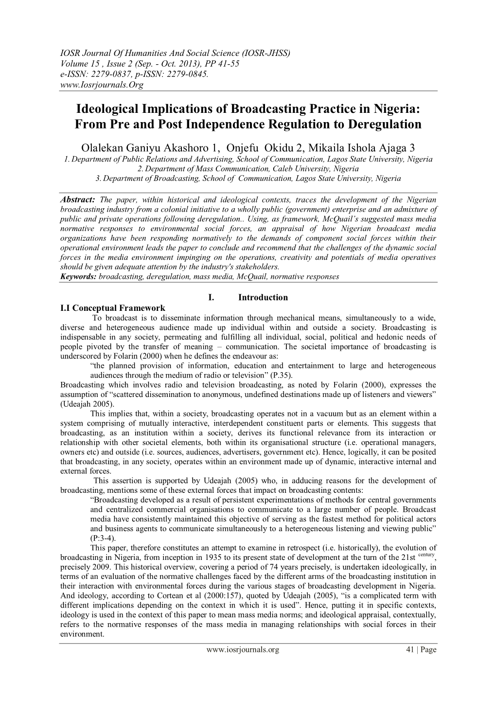 Ideological Implications of Broadcasting Practice in Nigeria: from Pre and Post Independence Regulation to Deregulation