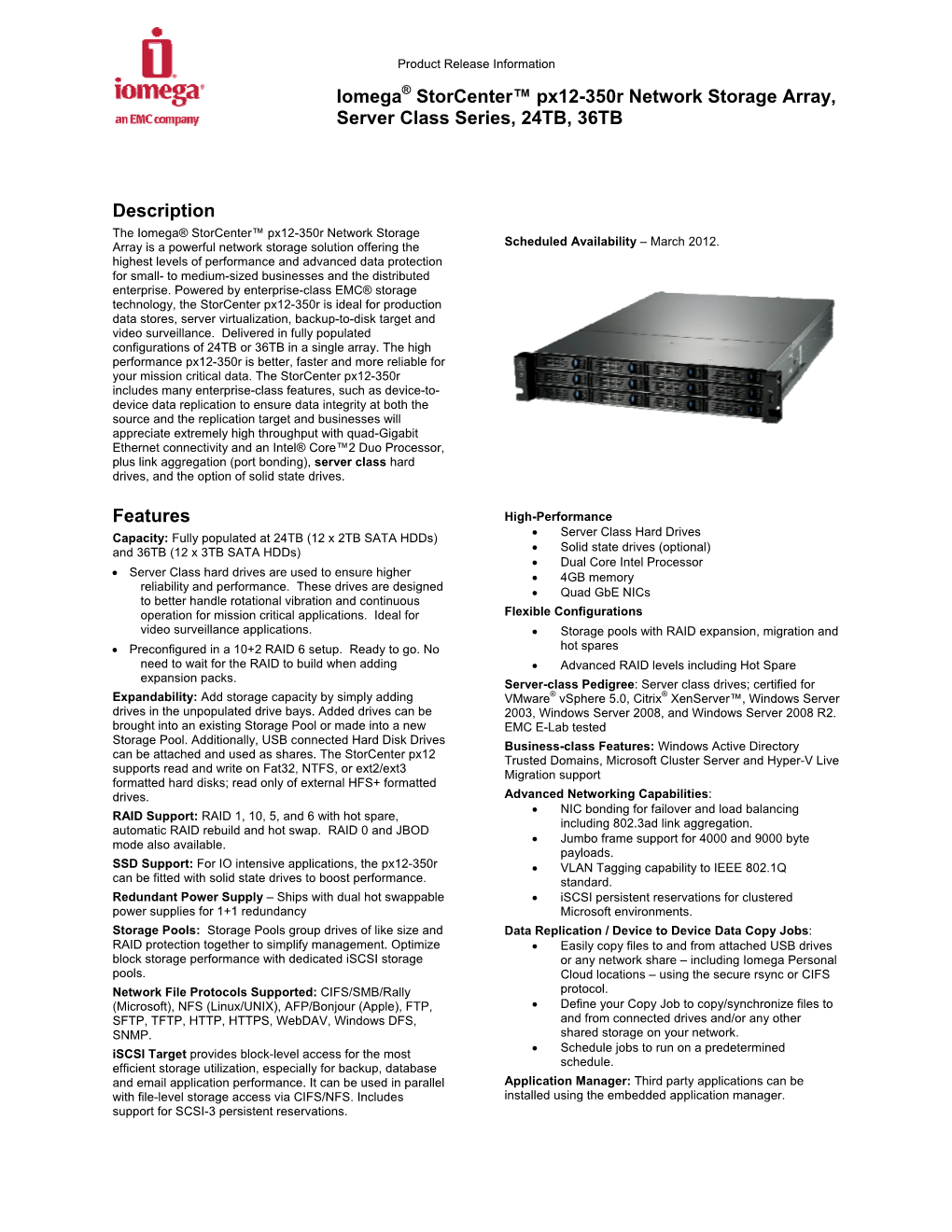 Iomega® Storcenter™ Px12-350R Network Storage Array, Server Class Series, 24TB, 36TB