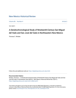 A Dendrochronological Study of Nineteenth-Century San Miguel Del Vado and San José Del Vado in Northeastern New Mexico