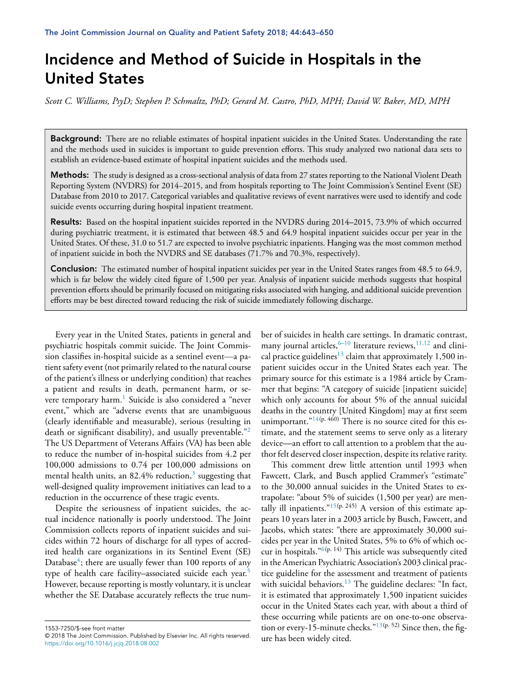 Incidence and Method of Suicide in Hospitals in the United States