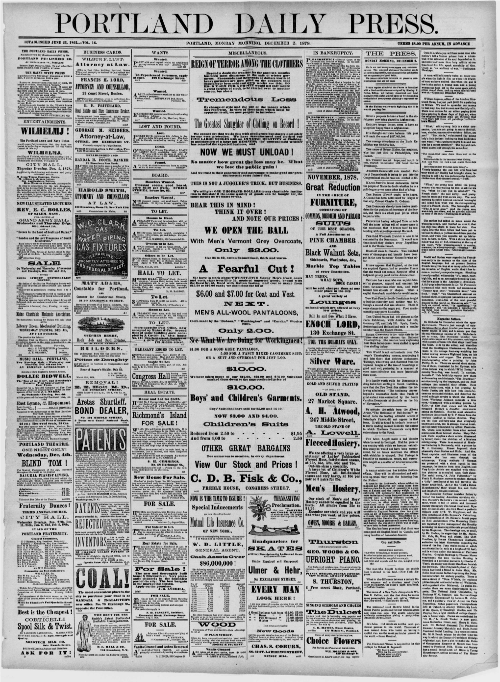 December 2, 1878. Teems >8.00 Peb Annum, in Advance the Portland Daily Press, Business Cards, Miscellaneous