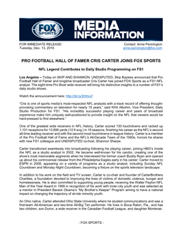 Pro Football Hall of Famer Cris Carter Joins Fox Sports