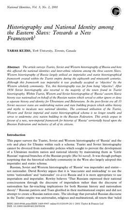 Historiography and National Identity Among the Eastern Slavs: Towards a New Framework1