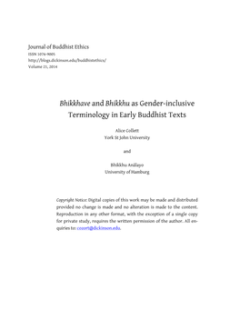 Bhikkhave and Bhikkhu As Gender-Inclusive Terminology in Early Buddhist Texts