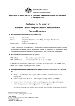 Application for the Import of Fiordland Crested Penguin Eudyptes