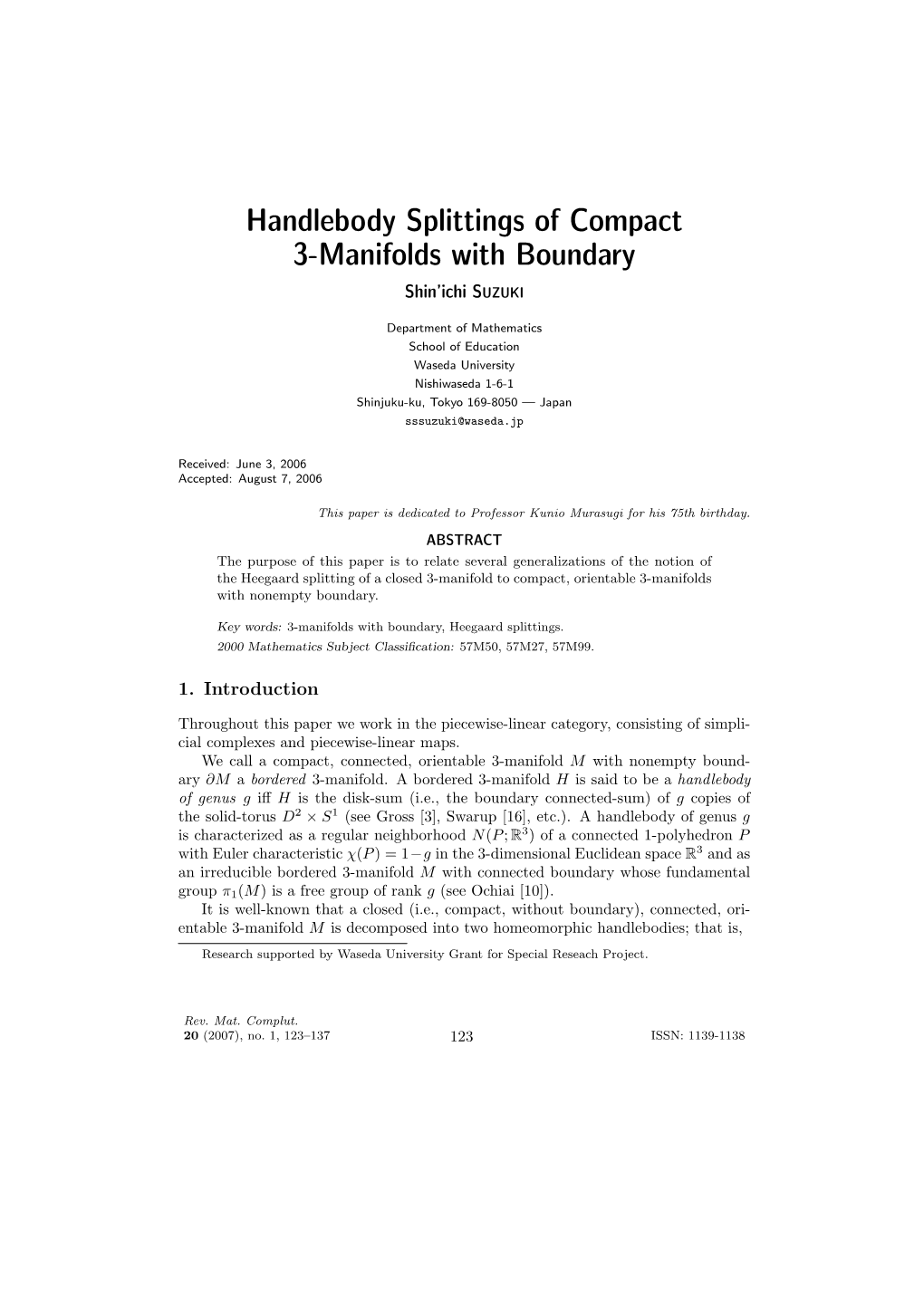 Handlebody Splittings of Compact 3-Manifolds with Boundary Shin’Ichi SUZUKI