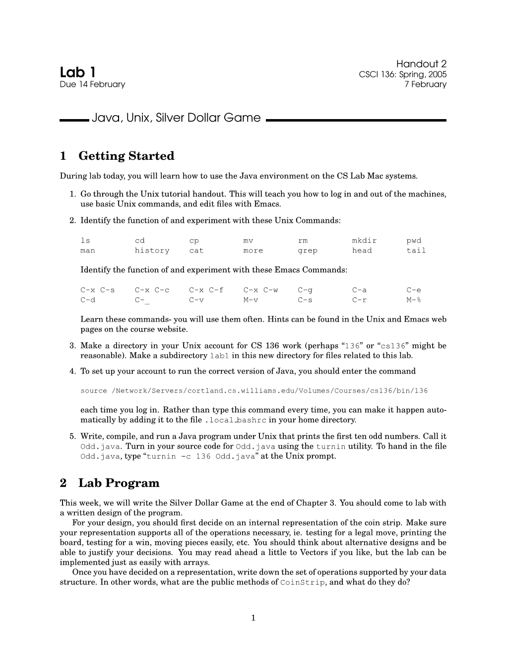 Java, Unix, Silver Dollar Game 1 Getting Started 2 Lab Program