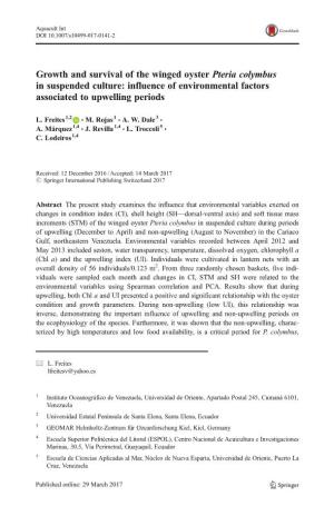Growth and Survival of the Winged Oyster Pteria Colymbus in Suspended Culture: Influence of Environmental Factors Associated to Upwelling Periods