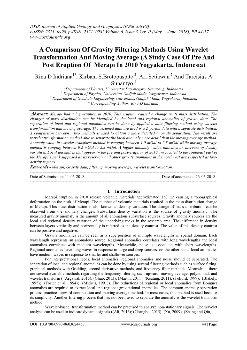 A Comparison of Gravity Filtering Methods Using Wavelet Transformation and Moving Average