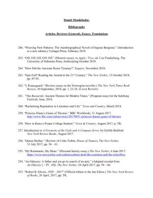 Bibliography Articles, Reviews (General), Essays