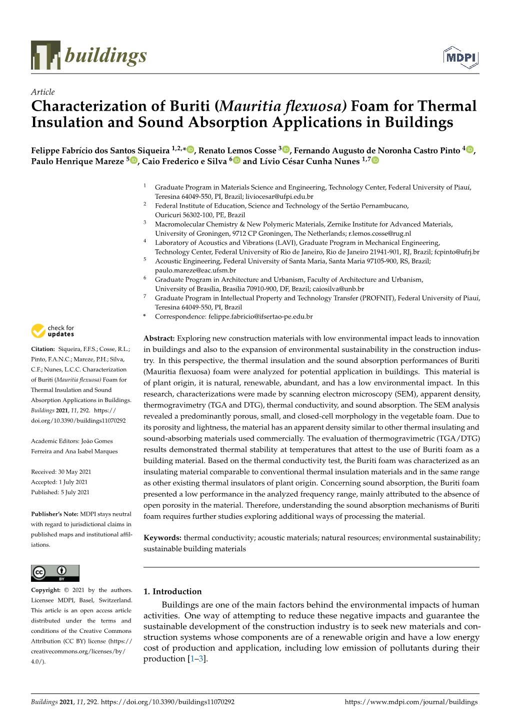 (Mauritia Flexuosa) Foam for Thermal Insulation and Sound